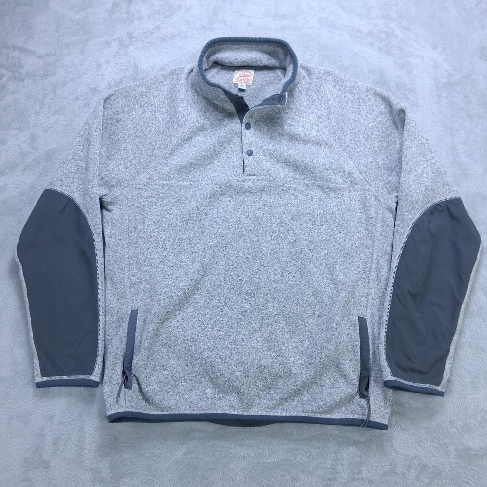 J.Crew Mens Fleece Pullover XL Gray Snap Neck Outdoor Elbow Patch Sweatshirt